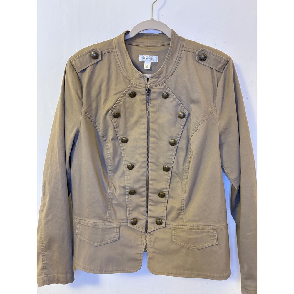 Dressbarn Vintage Military Jacket Tan Khaki Cotton Full Zip Crest Button XL